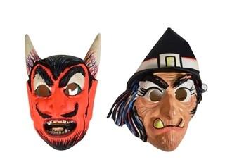 Two (2) Vintage Halloween Costume Masks - Devil & Witch.