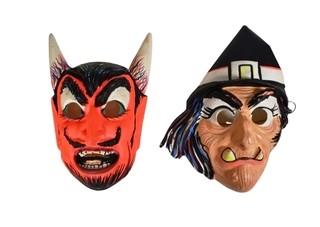 Two (2) Vintage Halloween Costume Masks - Devil & Witch.