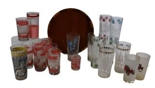 Large Group of Mid Century Glass Barware and Tumblers with Round Wood Tray