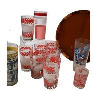 Large Group of Mid Century Glass Barware and Tumblers with Round Wood Tray