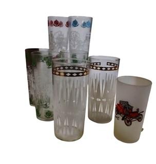 Large Group of Mid Century Glass Barware and Tumblers with Round Wood Tray