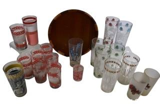 Large Group of Mid Century Glass Barware and Tumblers with Round Wood Tray