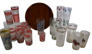 Large Group of Mid Century Glass Barware and Tumblers with Round Wood Tray