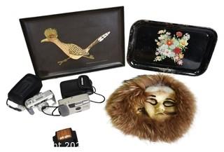 Couroc Road Runner Tray, Metal Tray Two (2) Camera and Inuit Caribou Leather and Wolf Fur Trim Mask