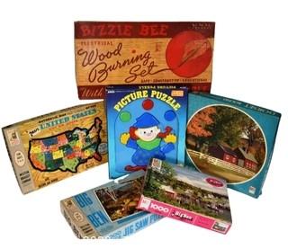 Five (5) Vintage Jigsaw Puzzles and Bizzie Bee Wood Burning Set