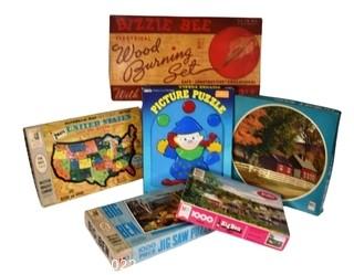 Five (5) Vintage Jigsaw Puzzles and Bizzie Bee Wood Burning Set