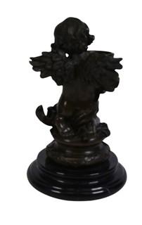 Heavy Cast Bronze Cherub on Marble Plynth Base.  8" tall.