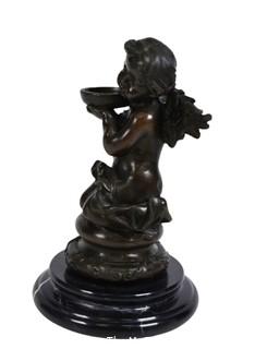 Heavy Cast Bronze Cherub on Marble Plynth Base.  8" tall.