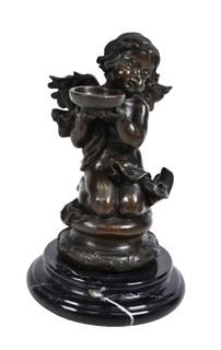 Heavy Cast Bronze Cherub on Marble Plynth Base.  8" tall.