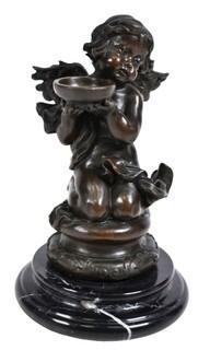 Heavy Cast Bronze Cherub on Marble Plynth Base.  8" tall.