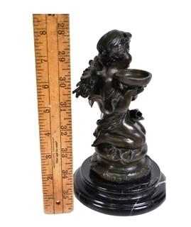 Heavy Cast Bronze Cherub on Marble Plynth Base.  8" tall.