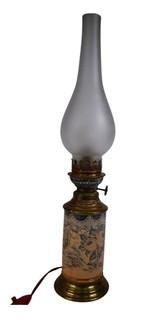 Enamel Painted Table Lamp Made From Converted Oil Lamp with Glass Shade. 19"T to top of shade