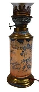 Enamel Painted Table Lamp Made From Converted Oil Lamp with Glass Shade. 19"T to top of shade