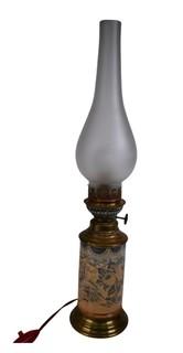 Enamel Painted Table Lamp Made From Converted Oil Lamp with Glass Shade. 19"T to top of shade