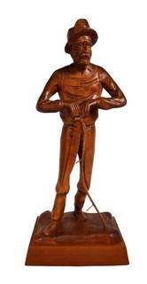 Vintage Wood Carving of Man with Scythe Signed by Artist Jocelyn Caron. Blade of scythe is separated. 15" tall.