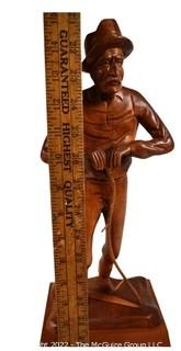 Vintage Wood Carving of Man with Scythe Signed by Artist Jocelyn Caron. Blade of scythe is separated. 15" tall.