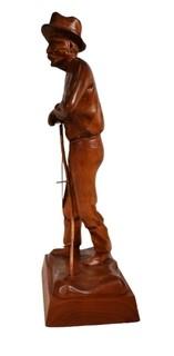 Vintage Wood Carving of Man with Scythe Signed by Artist Jocelyn Caron. Blade of scythe is separated. 15" tall.