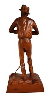 Vintage Wood Carving of Man with Scythe Signed by Artist Jocelyn Caron. Blade of scythe is separated. 15" tall.