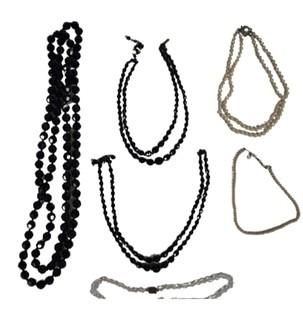 Vintage Black Glass, Clear Cut Crystal and Faux Pearl Necklaces