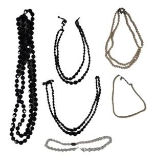 Vintage Black Glass, Clear Cut Crystal and Faux Pearl Necklaces