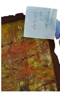 Mid Century Oil on Board Abstract Experssionist Drip Painting in Yellow, Unsigned.  16" x 31"