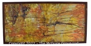 Mid Century Oil on Board Abstract Experssionist Drip Painting in Yellow, Unsigned.  16" x 31"