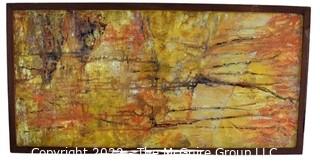 Mid Century Oil on Board Abstract Experssionist Drip Painting in Yellow, Unsigned.  16" x 31"