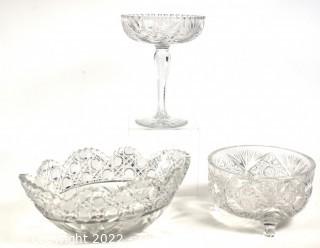 Three (3) Pieces of Cut Crystal Serving Pieces.  Pedestal Dish has some chips in base. 