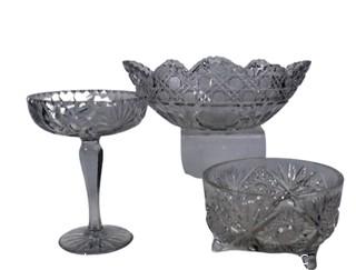 Three (3) Pieces of Cut Crystal Serving Pieces.  Pedestal Dish has some chips in base. 