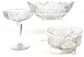 Three (3) Pieces of Cut Crystal Serving Pieces.  Pedestal Dish has some chips in base. 