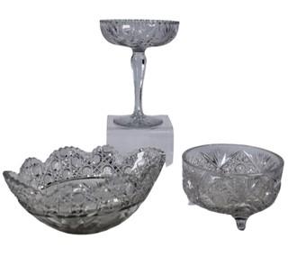 Three (3) Pieces of Cut Crystal Serving Pieces.  Pedestal Dish has some chips in base. 