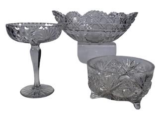 Three (3) Pieces of Cut Crystal Serving Pieces.  Pedestal Dish has some chips in base. 