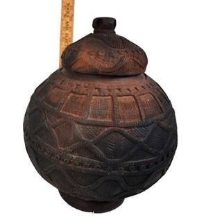 Antique Kalinga Terracotta Pottery  Rice Storage Jar with Applied Coil Work and Geometeric Pattern.  12" diameter, 14" tall with lid. 