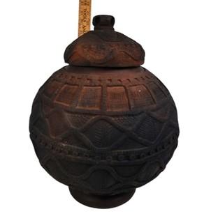 Antique Kalinga Terracotta Pottery  Rice Storage Jar with Applied Coil Work and Geometeric Pattern.  12" diameter, 14" tall with lid. 