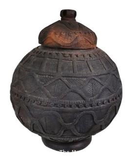 Antique Kalinga Terracotta Pottery  Rice Storage Jar with Applied Coil Work and Geometeric Pattern.  12" diameter, 14" tall with lid. 