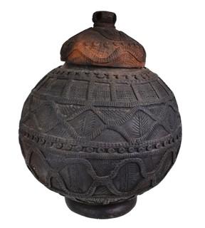 Antique Kalinga Terracotta Pottery  Rice Storage Jar with Applied Coil Work and Geometeric Pattern.  12" diameter, 14" tall with lid. 