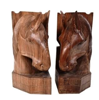 Pair of Hand Carved Wood Horse Bookends.  8" tall.