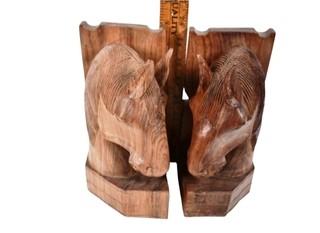 Pair of Hand Carved Wood Horse Bookends.  8" tall.