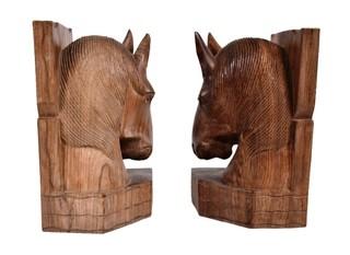 Pair of Hand Carved Wood Horse Bookends.  8" tall.