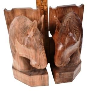 Pair of Hand Carved Wood Horse Bookends.  8" tall.