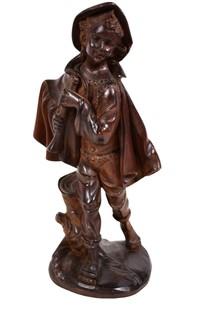 Black Forest Carved Wood Boy with Flute, Unsigned. 12" tall. 