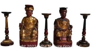 Five (5) Chinese Gilt Wood Decorative Items Including Three Pedestals and Two Seated Emperor and Empress Statues