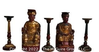 Five (5) Chinese Gilt Wood Decorative Items Including Three Pedestals and Two Seated Emperor and Empress Statues