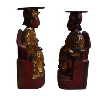 Five (5) Chinese Gilt Wood Decorative Items Including Three Pedestals and Two Seated Emperor and Empress Statues