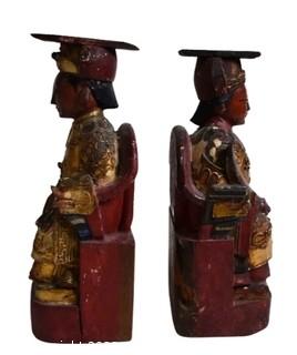 Five (5) Chinese Gilt Wood Decorative Items Including Three Pedestals and Two Seated Emperor and Empress Statues