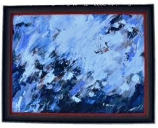 24 x 38" Framed Oil on Canvas Abstract Painting of Stormy Ocean with Ship, Signed by Artist, Bev '68.   