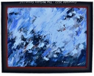 24 x 38" Framed Oil on Canvas Abstract Painting of Stormy Ocean with Ship, Signed by Artist, Bev '68.   