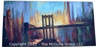 30 x 60" Oil On Canvas Abstract Of Brooklyn Bridge Purchased From The Beauty Of The World Exhibition In Milan, Italy, 1992.  60" x 30"