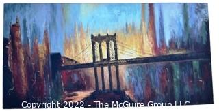 30 x 60" Oil On Canvas Abstract Of Brooklyn Bridge Purchased From The Beauty Of The World Exhibition In Milan, Italy, 1992.  60" x 30"