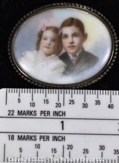 Vintage Hand Painted Miniature Portrait of Two Children on Porcelain Brooch